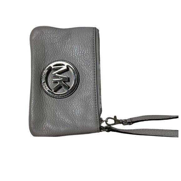 Michael Kors Wristlet Womens One Size Gray Pebbled Leather MK Logo Zip Clutch - Picture 9 of 9